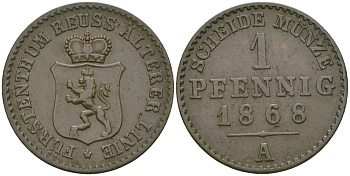 РЕЙС-ШЛАЙЦ 1 ПФЕННИГ 1868 А KM 75 медь 99-919