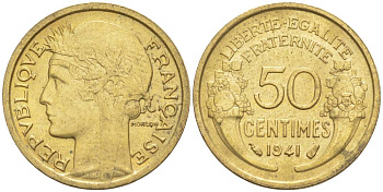 ФРАНЦИЯ 50 САНТИМОВ 1941 ТИП MORLON KM 894.1, LE FRANC 192.18 алюминиевая бронза 44-559