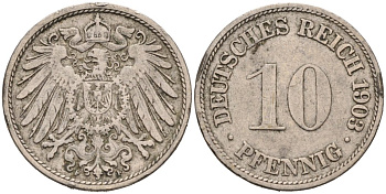 Германия 10 пфеннигов 1903 F KM 12, J. 13, Weege 8 медно-никель 92-323