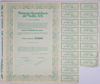 Испания акция на 1000 песет 1973 Fomento Inmobiliario del Valles, S.A., Барселона 1973, с купонами   бумага   5548-12-2-2