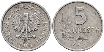 Польша 5 грошей 1961 KM A46 алюминий 4189-463