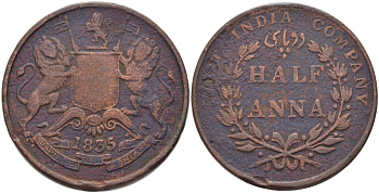 Британская Индия 1/2 анна 1835 Британская Ост-Индская компания, Мадрас, диаметр 30,8 мм.KM 447.1 медь 38-214