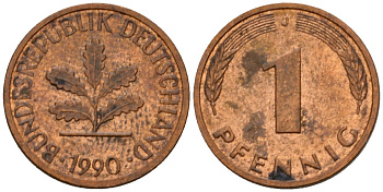 ФРГ 1 пфенниг 1990 J KM 105, J.380 сталь плакированная медью 4602-811