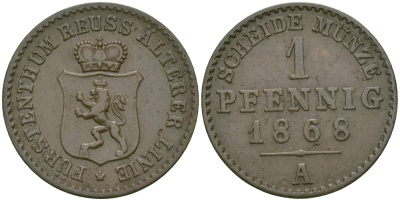 РЕЙС-ШЛАЙЦ 1 ПФЕННИГ 1868 А KM 75 медь 99-919