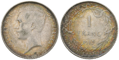 Бельгия 1 франк 1913 DES BELGES, Альберт I (1909-1934) KM 73 серебро 4543-1253
