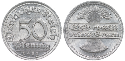 Германия 50 пфеннигов 1921 D KM 27, J. 301 алюминий aUNC 4114-842