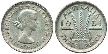 Австралия 3 пенса 1961 m, Елизавета II (1952-2022) KM 57 серебро 71-768