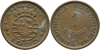 Португальская Ангола 1 эскудо 1963 KM 76 бронза 33-933