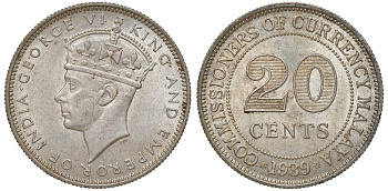 Британская Малайя 20 центов 1939 Георг VI (1937-1952) KM 5 серебро 53-333