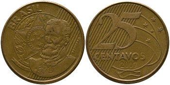 Бразилия 25 сентаво 2007 KM 650, Schon 158 сталь плакированная бронзой 4525-414