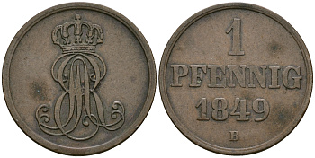 Ганновер 1 пфенниг 1849 B, Эрнст Август (1837-1851) KM 201.1, AKS 129, J. 74 медь 4608-1028