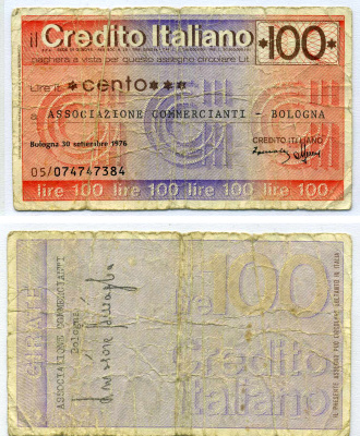 Италия чек на 100 лир 1976 Болонья, 30 сентября 1976, Credito Italiano, Ассоциация торговцев Bologna   бумага   6301-32-1-2