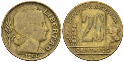 Аргентина 20 сентаво 1946 голова свободы вправо KM 42, CJ 200, Schon 45 алюминиевая бронза    60-923