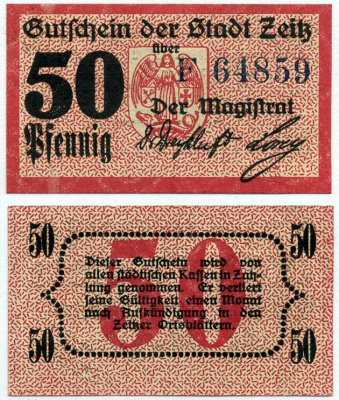 ЦАЙЦ 50 ПФЕННИГОВ 1918 НОТГЕЛЬД, 31 ДЕКАБРЯ 1918, ЗЕМЛЯ САКСОНИЯ-АНХАЛЬТ Grabowski Z4.4 бумага 6318-44-3-3