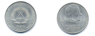 ГДР 20 марок 1972 А, Фридрих Шиллер (1759-1805) KM 40 медно-никель 3333-722