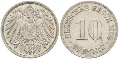 Германия 10 пфеннигов 1908 D KM 12, Jager 13, Weege 8 медно-никель 219-141