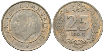 Турция 25 курушей 2013 KM 1242 медно-никель 4610-1113
