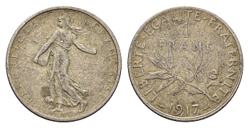 Франция 1 франк 1917 KM 844 серебро 93-251