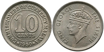 Британская Малайя 10 центов 1950 Георг VI (1937-1952) KM 8 медно-никель 4549-631