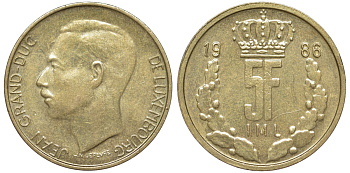 Люксембург 5 франков 1986 KM 60.1 латунь 4143-154