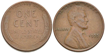 США 1 ЦЕНТ 1955 ЛИНКОЛЬН KM А132 медь цинк 3309-1141