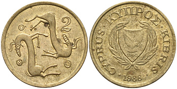 Кипр 2 цента 1988 KM 54.2 никель латунь 4174-1241