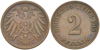 Германия 2 пфеннига 1913 A KM 16, J. 11, Weege 4 медь 206-634