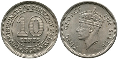 Британская Малайя 10 центов 1950 Георг VI (1937-1952) KM 8 медно-никель 4549-631