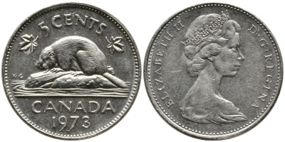 Канада 5 центов 1973 бобр, Елизавета II (1952-) KM 60.1 никель 4543-633