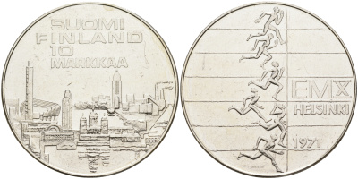 Финляндия 10 марок 1971 S-H, X Чемпионат Европы по легкой атлетике KM 52 серебро 1525-1342