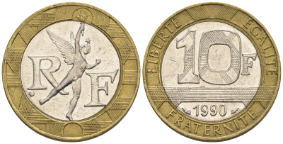 Франция 10 франков 1990 тип Гений Бастилии KM 964.1, Le Frank 375.5 биметалл 85-131