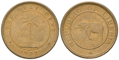 Либерия 1/2 цента 1937 KM 10 латунь aUNC 4588-813