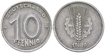 ГДР 10 пфеннигов 1949 A KM 3 алюминий 201-734