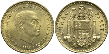 Испания 1 песета 1966 (70) Франсиско Франко (1939-1975) KM 796 алюминиевая бронза 4171-446