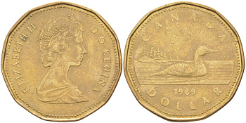 Канада 1 доллар 1989 утка, Елизавета II KM 157 никель плакированный алюминиевой бронзой 63-627