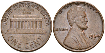 США 1 цент 1964 D, Линкольн KM 201 медь цинк 4115-834