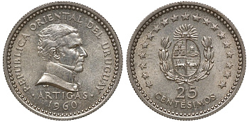 Уругвай 25 сентесимо 1960 KM 40 медно-никель 4169-967