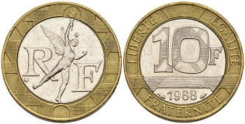Франция 10 франков 1988 тип Гений Бастилии KM 964.1, Le Frank 375.2 биметалл 4573-1016