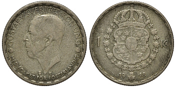 Швеция 1 крона 1948 TS, Густав V (1907-1950) KM 814 серебро 4178-542