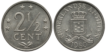 Нидерландские Антилы 2 1/2 цента 1980 Беатрикс (1980-2013) KM 9а алюминий 4391-1036