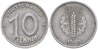 ГДР 10 пфеннигов 1949 A KM 3 алюминий 201-734