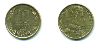 ЧИЛИ 10 ПЕСО 2007 ГЕНЕРАЛ БЕРНАРДО О ХИГГИНС KM 228.2 никель-бронза 37-266