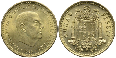 Испания 1 песета 1966 (70) Франсиско Франко (1939-1975) KM 796 алюминиевая бронза 4171-446