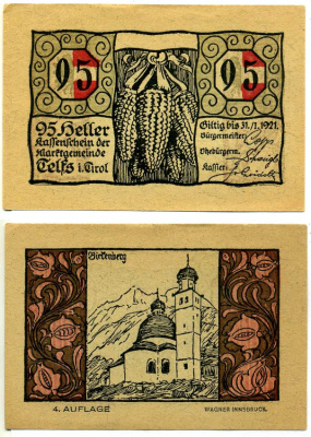 ТЕЛЬФС, Австрия 95 геллеров 1921 31 января 1921, нотгельд, ЧЕТВЁРТЫЙ выпуск, ЗЕМЛЯ ТИРОЛЬ бумага 7523-12-1-2