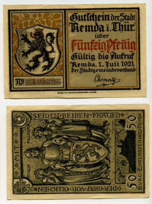 РЕМДА 50 ПФЕННИГОВ 1921 НОТГЕЛЬД, ЗЕМЛЯ ТЮРИНГИЯ, 1 ИЮЛЯ 1921 Grabowski 1115.1a бумага UNC (ПРЕСС) 8589-18-1-2