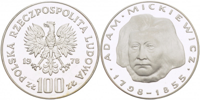 Польша 100 злотых 1978 MW, Адам Мицкевич (1798-1855) KM 92 серебро PROOF 1082-1-31