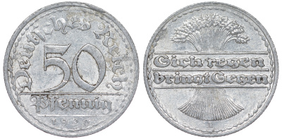 Германия 50 пфеннигов 1920 A KM 27, J. 301 алюминий 4163-254