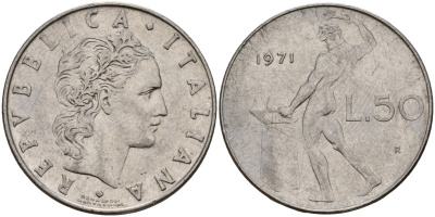 Италия 50 лир 1971 R, бог Вулкан у наковальни KM 95.1 нержавеющая сталь 4156-732