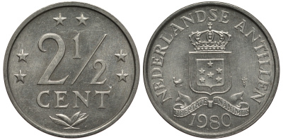 Нидерландские Антилы 2 1/2 цента 1980 Беатрикс (1980-2013) KM 9а алюминий 4391-1036