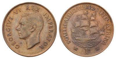 ЮАР 1 пенни 1942 Георг VI (1936-1952) KM 25 бронза 4692-144
